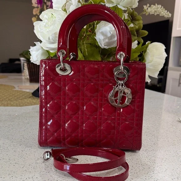 ❤️Dior Red Patent Quilted Lady Dior Satchel with Silver Hardware - Picture 5 of 17